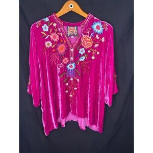 Johnny Was Ulla Velvet Floral Embroidered Tunic Top Blouse Women's XXL Magenta